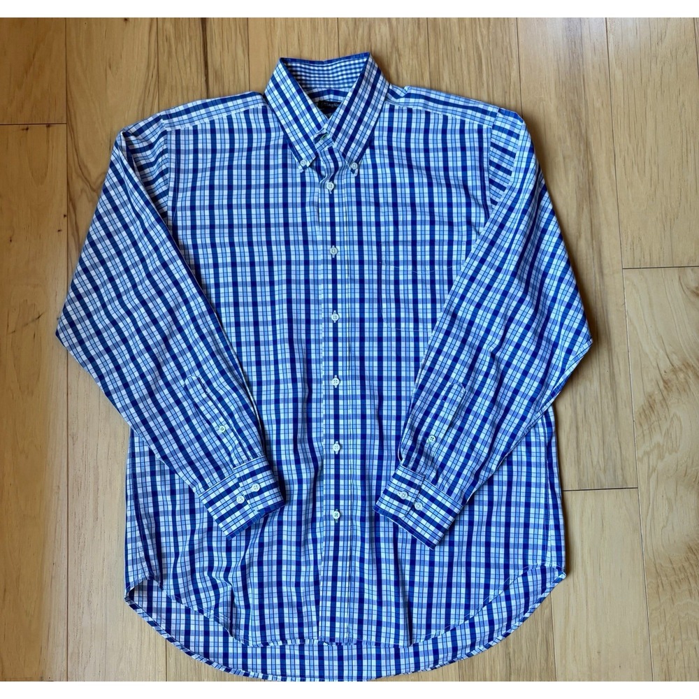 J. McLaughlin Men's Long-Sleeved Button Down Shirt Blue White Check Preppy Sz L